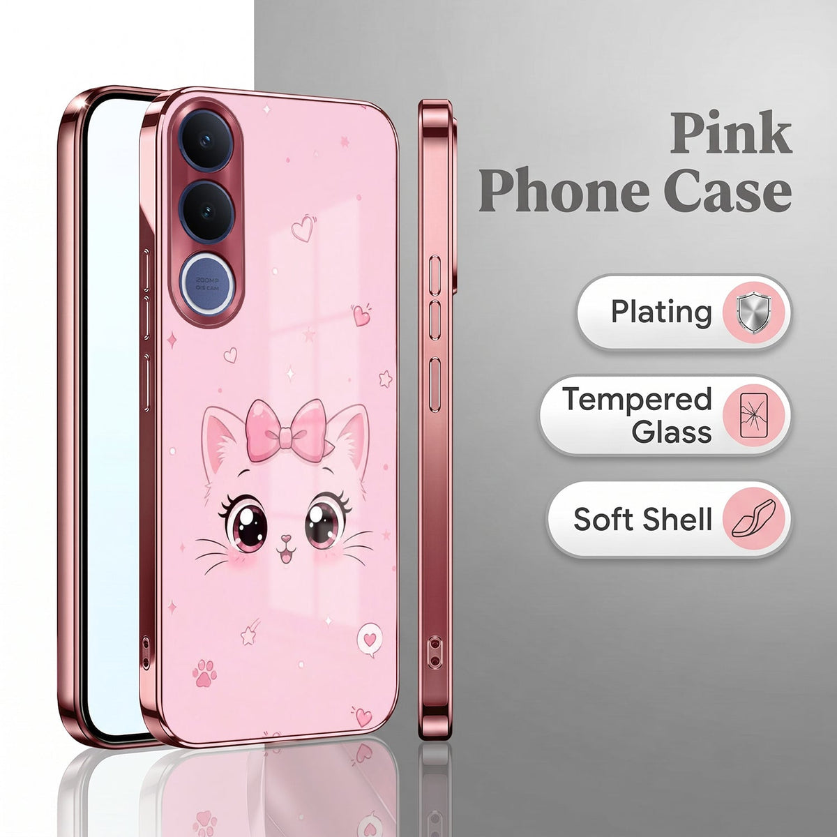 Vivo V70 FE 5G Luxury Cute Cat Pink Electroplated Glass Phone Back Case