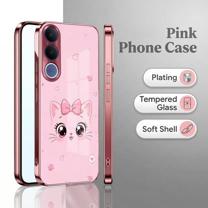 Vivo V70 FE 5G Luxury Cute Cat Pink Electroplated Glass Phone Back Case
