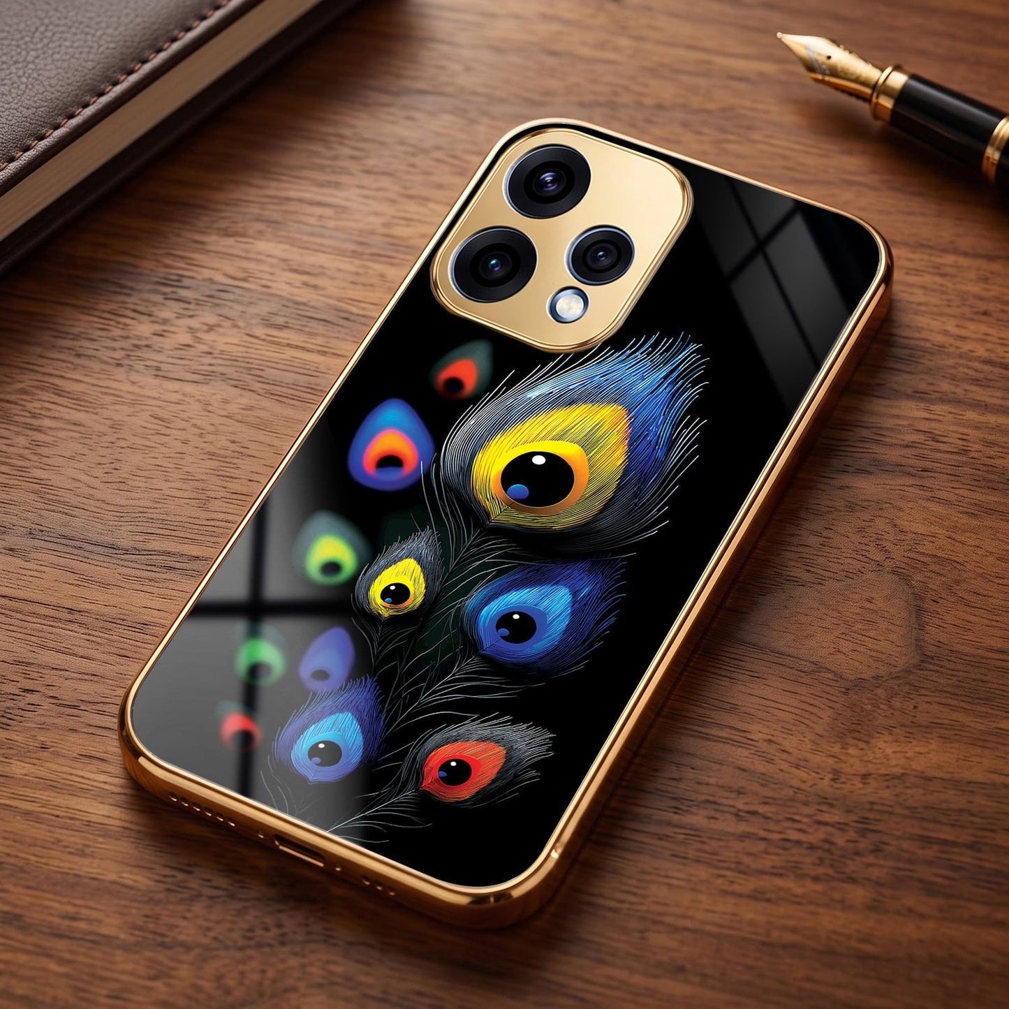 Oppo Reno 15 5G Premium Peacock Feather Gold Electroplated Glass Phone Back Case
