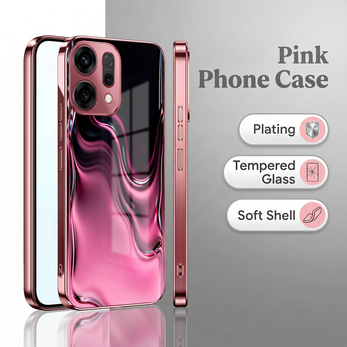 Oppo Reno 14 5G Liquid Wave Pink Electroplated Glass Phone Back Case
