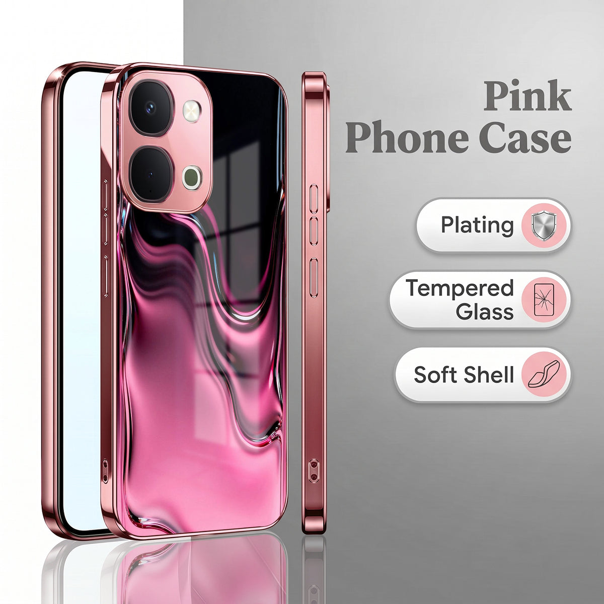 Vivo T5x 5G Liquid Wave Pink Electroplated Glass Phone Back Case