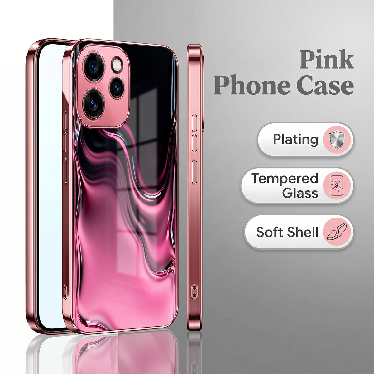Oppo Reno 15 Pro 5G Liquid Wave Pink Electroplated Glass Phone Back Case