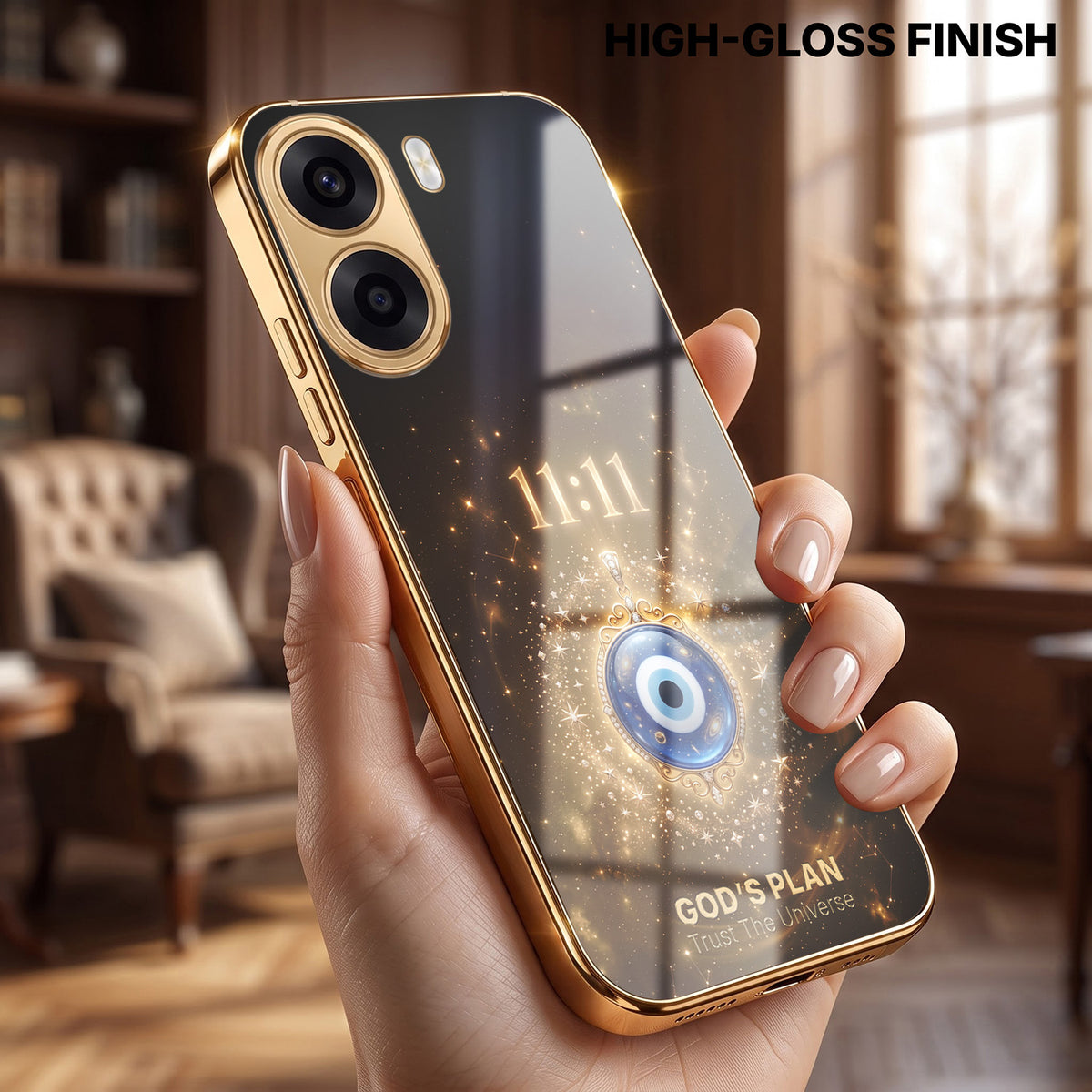 Oppo K14x 5G God’s Plan Evil Eye Gold Electroplated Glass Phone Back Case