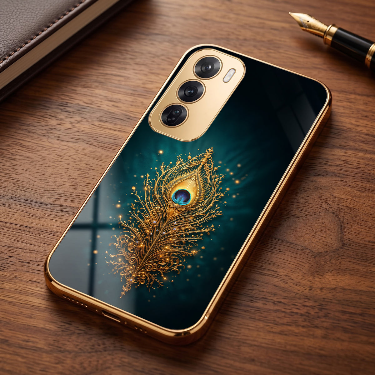 Oppo Reno 12 Pro 5G Golden Peacock Feather Gold Electroplated Glass Phone Back Case