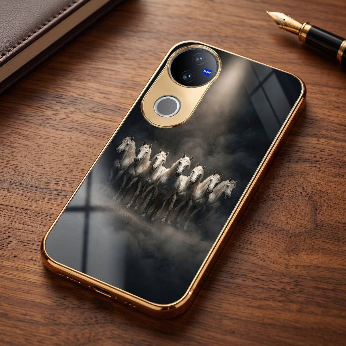 Vivo V50 5G Running Horses Gold Electroplated Glass Phone Back Case