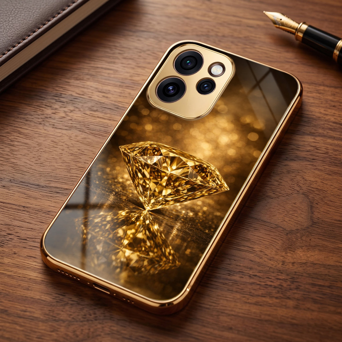 Oppo Reno 15 Pro Mini 5G Golden Diamond Gold Electroplated Glass Phone Back Case