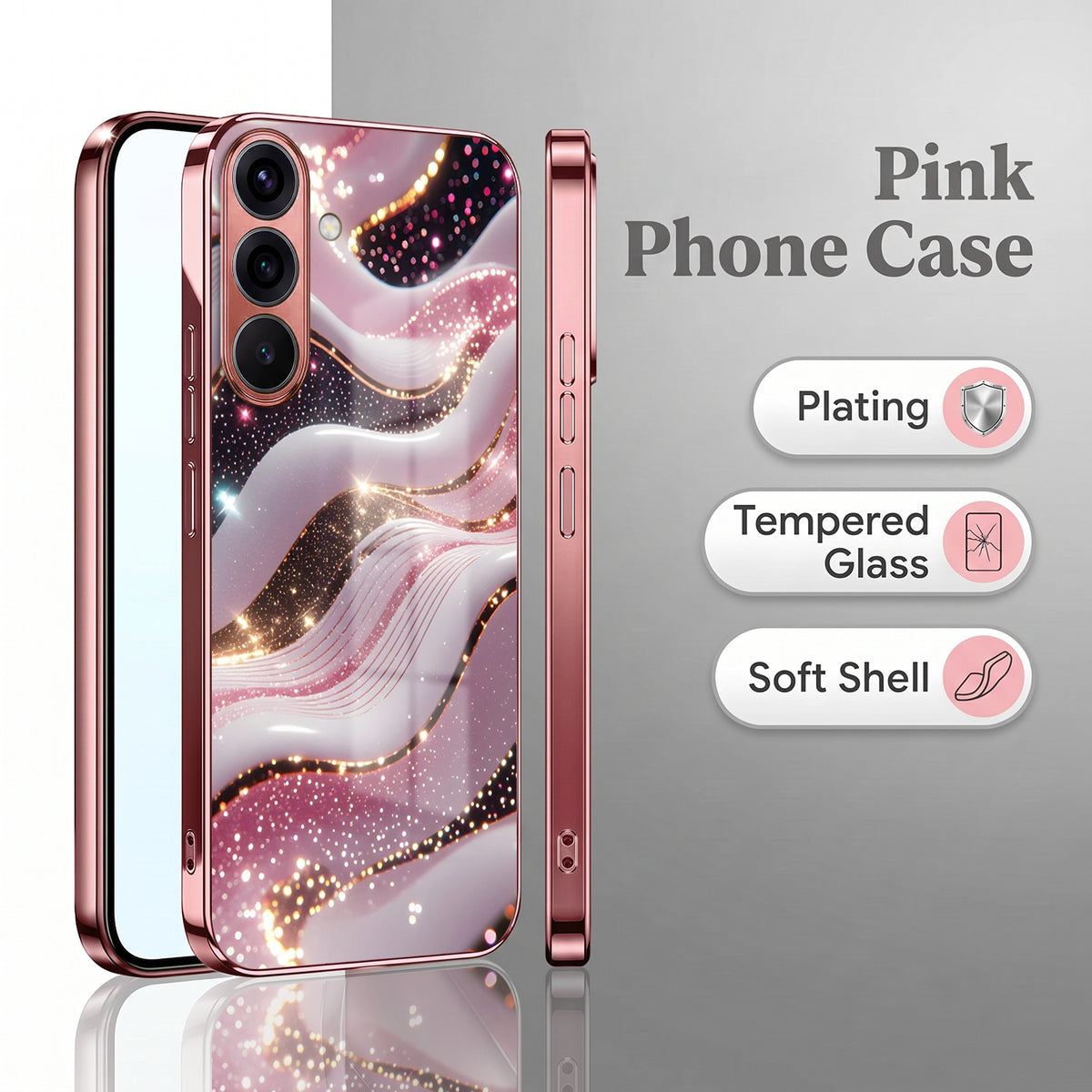 Samsung Galaxy A56 5G Midnight Pearl Wave Pink Electroplated Glass Phone Back Case