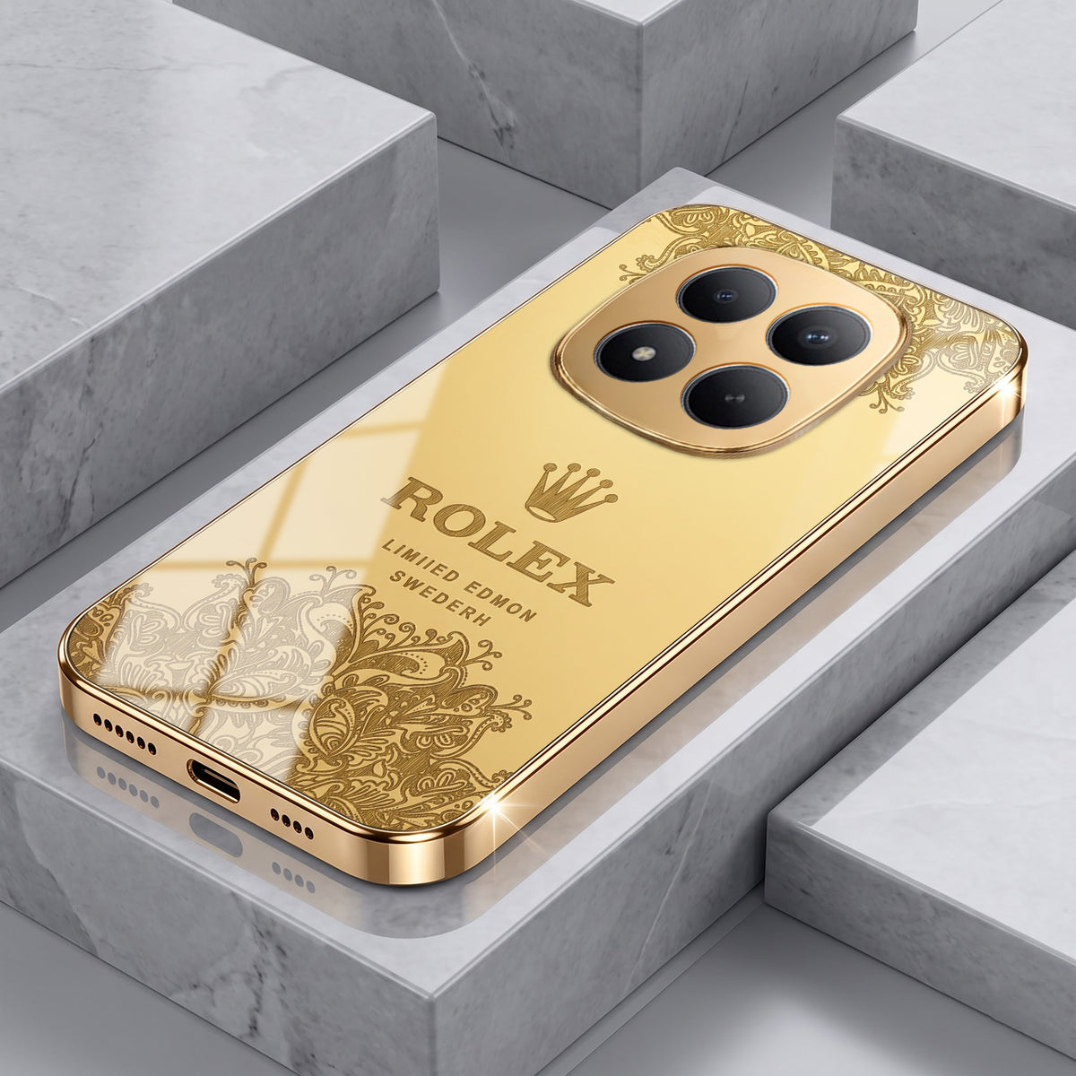 Redmi Note 15 Pro+ 5G Rolex Crown Gold Electroplated Glass Phone Back Case