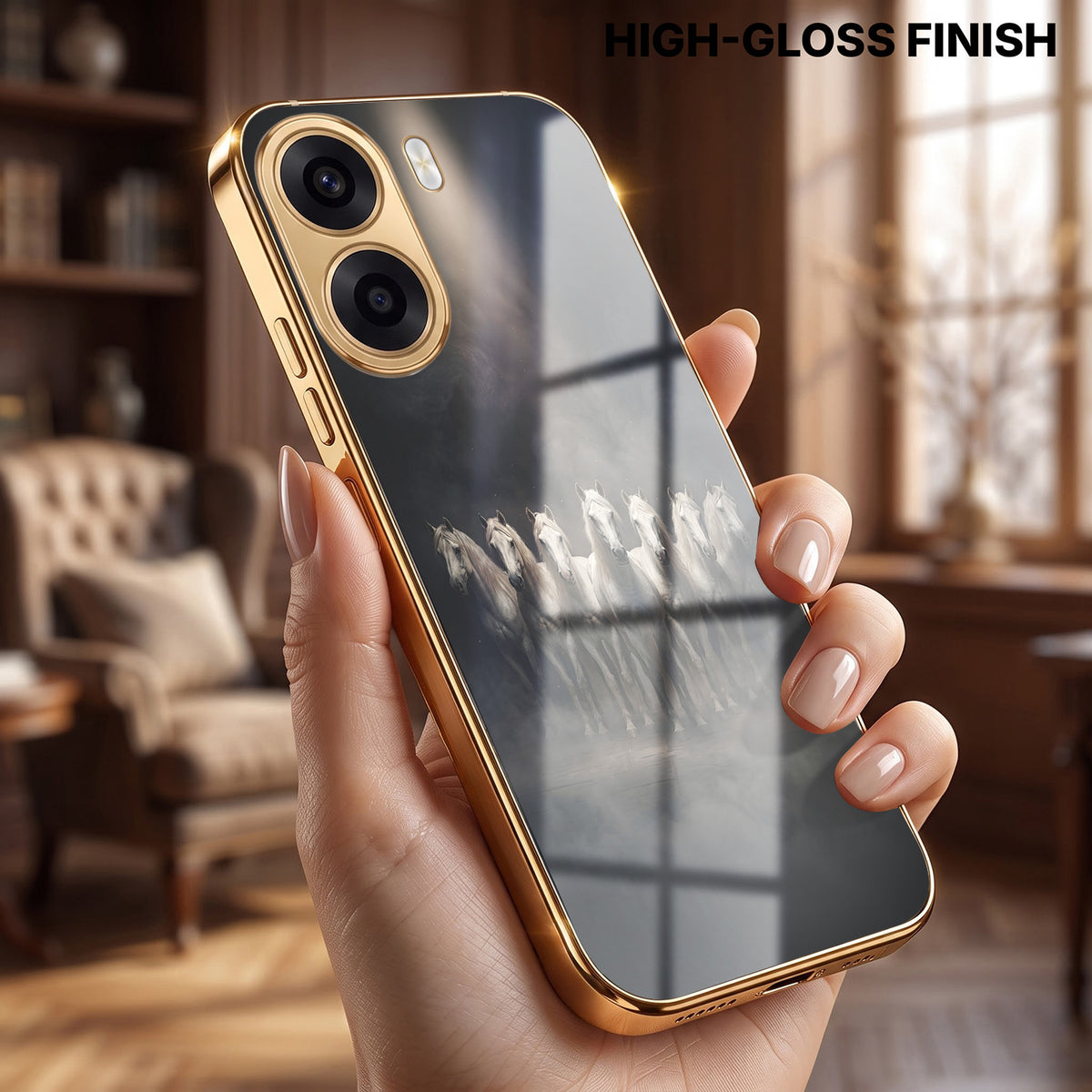 Oppo K14x 5G Running Horses Gold Electroplated Glass Phone Back Case