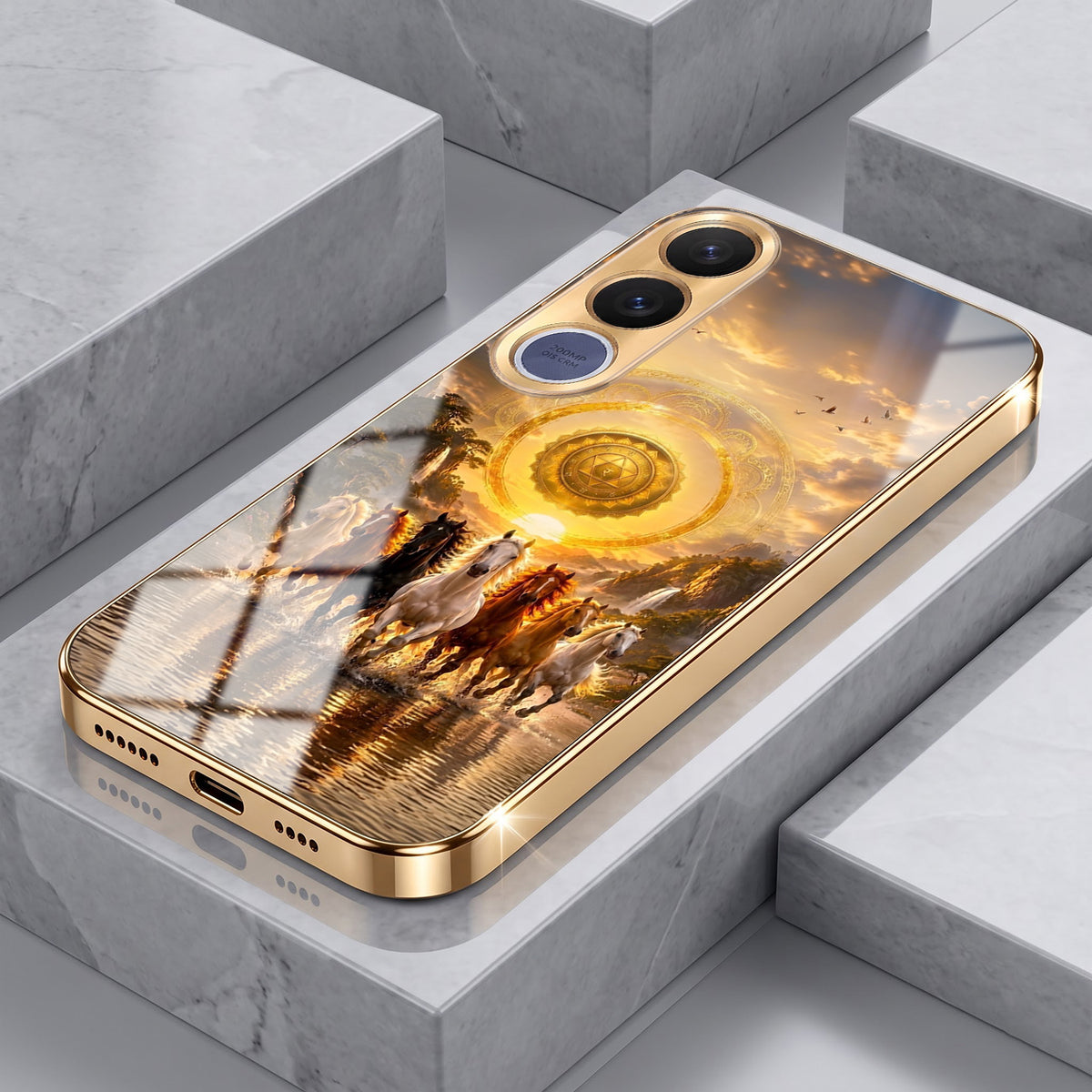 Vivo V70 FE 5G Celestial Seven Horses Gold Electroplated Glass Phone Back Case
