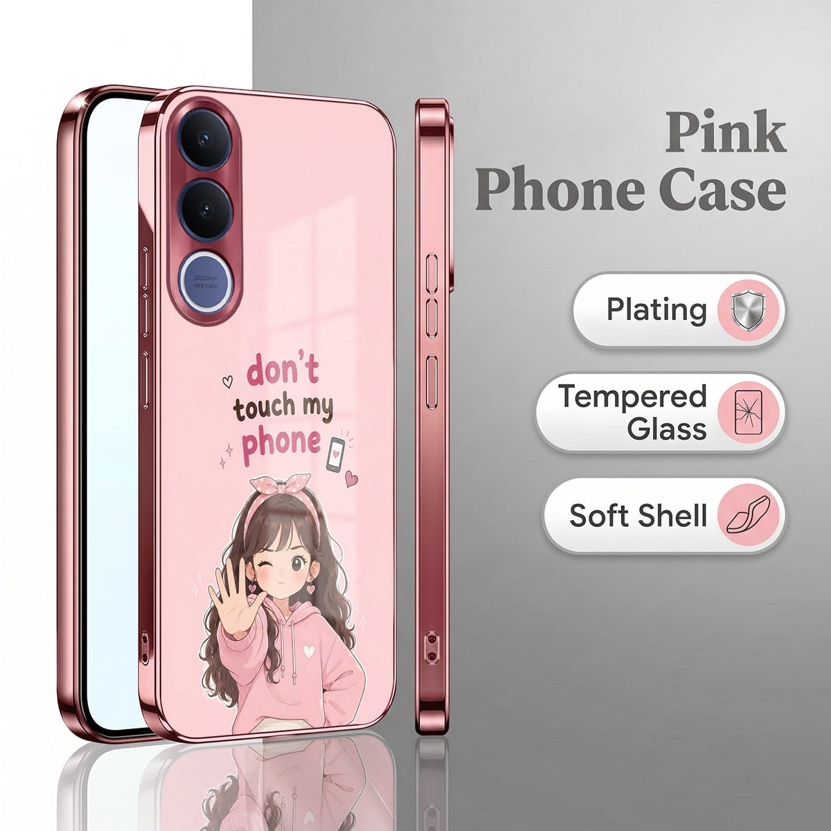 Vivo V70 FE 5G Luxury Anime Girl Pink Electroplated Glass Phone Back Case