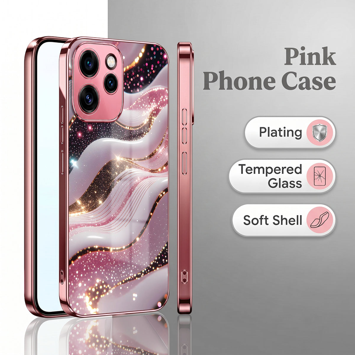 Oppo Reno 15 Pro 5G Midnight Pearl Wave Pink Electroplated Glass Phone Back Case