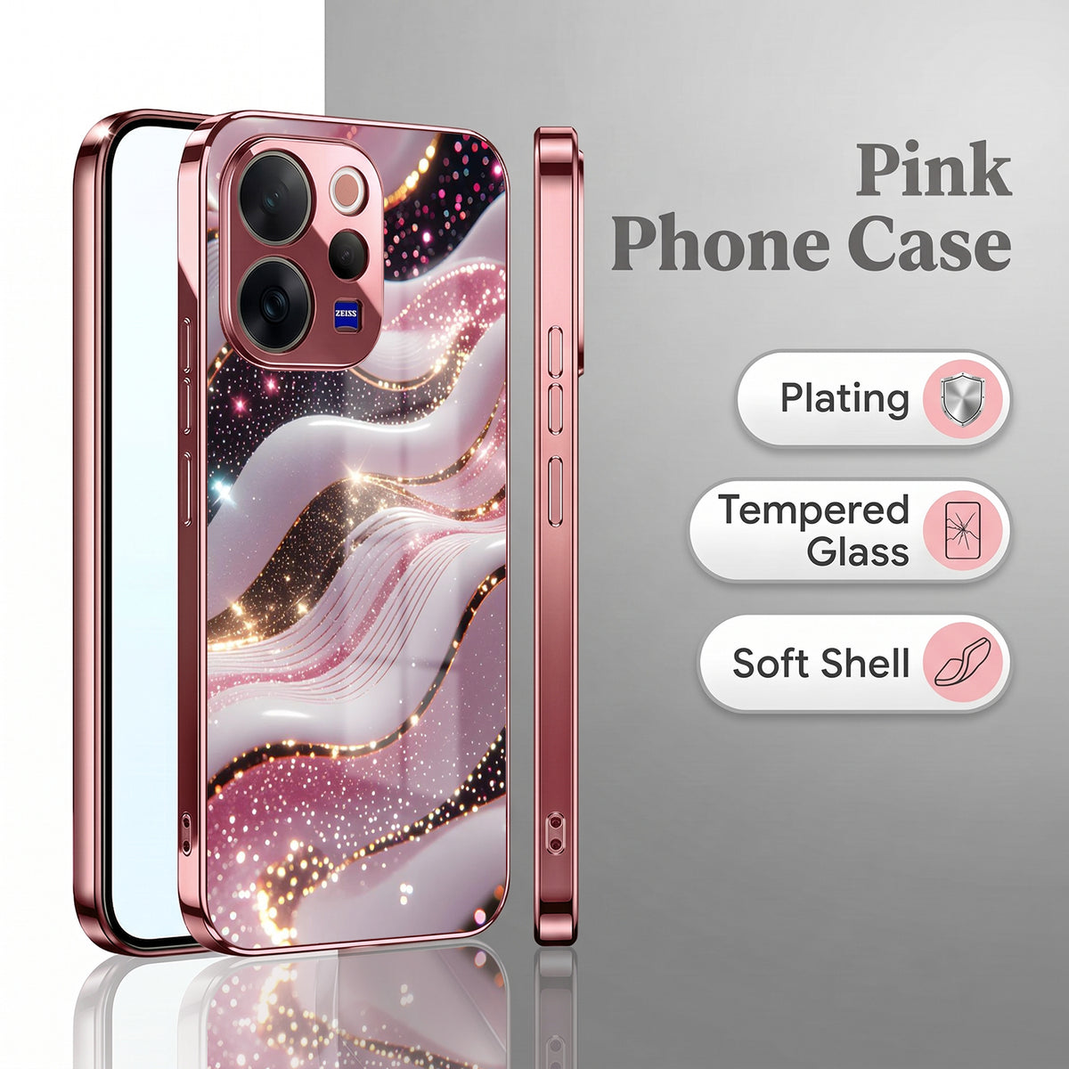 Vivo V70 5G Midnight Pearl Wave Pink Electroplated Glass Phone Back Case