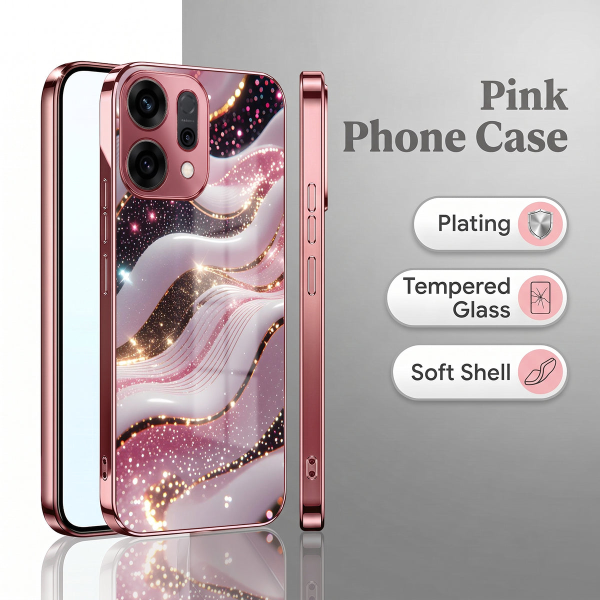 Oppo Reno 14 5G Midnight Pearl Wave Pink Electroplated Glass Phone Back Case