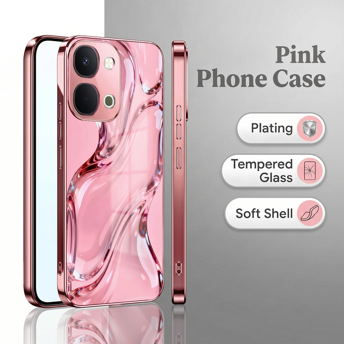Vivo T5x 5G Crystal Wave Energy Pink Electroplated Glass Phone Back Case