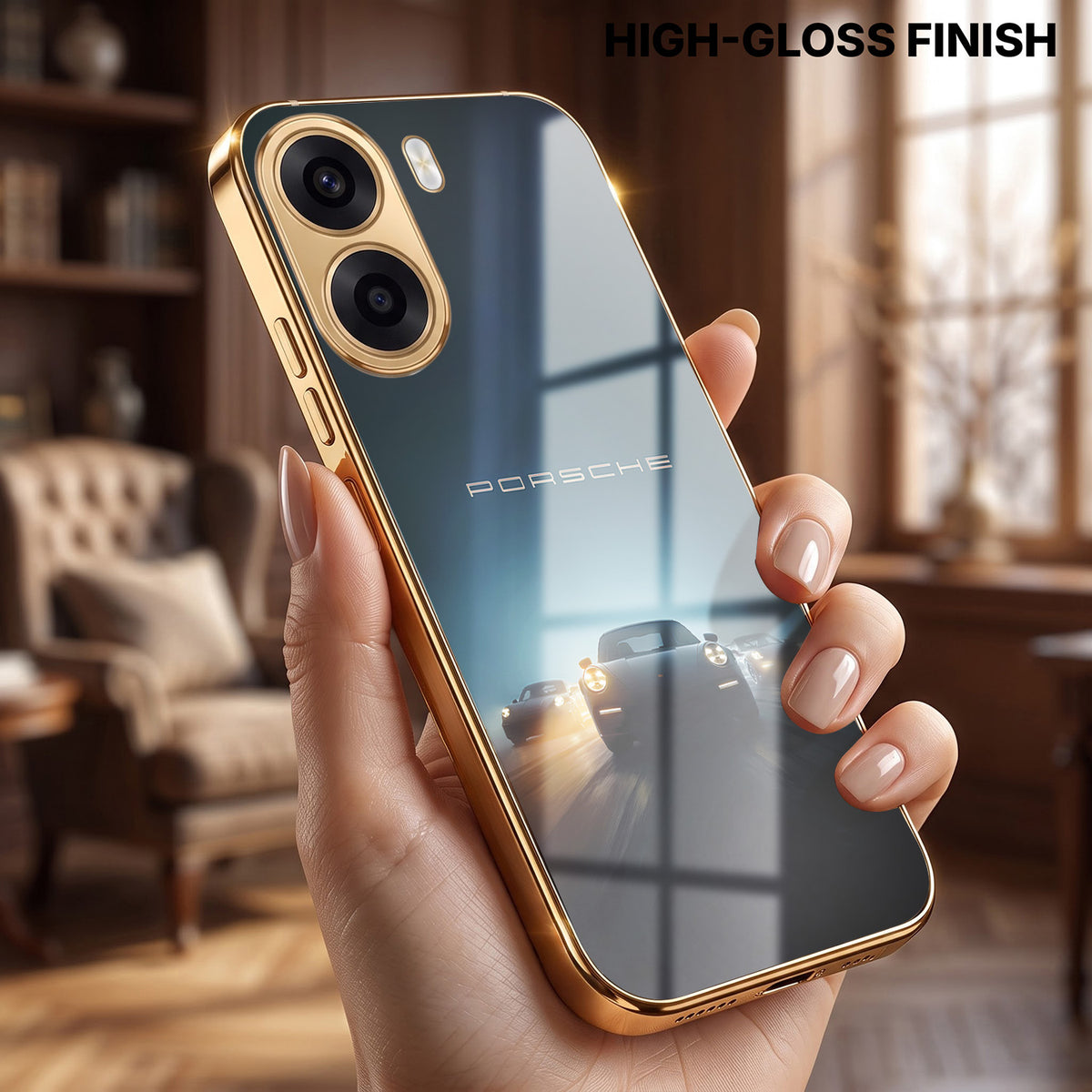 Oppo K14x 5G Porsche Luxury Gold Electroplated Glass Phone Back Case