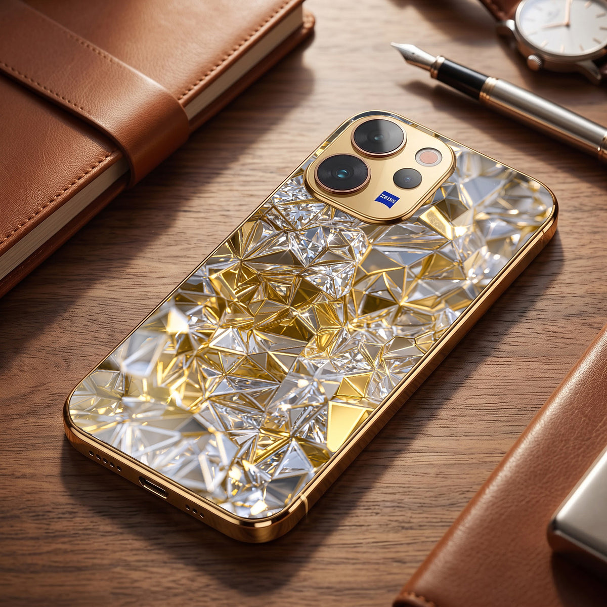 Vivo V70 5G White Diamond Shatter Gold Electroplated Glass Phone Back Case
