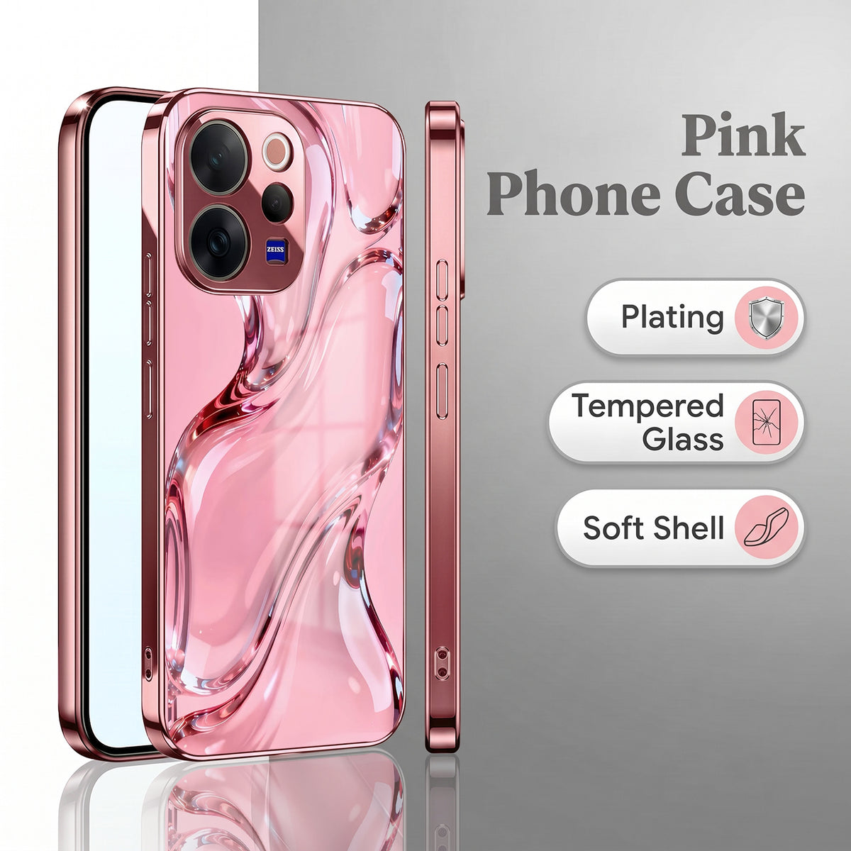 Vivo V70 5G Crystal Wave Energy Pink Electroplated Glass Phone Back Case