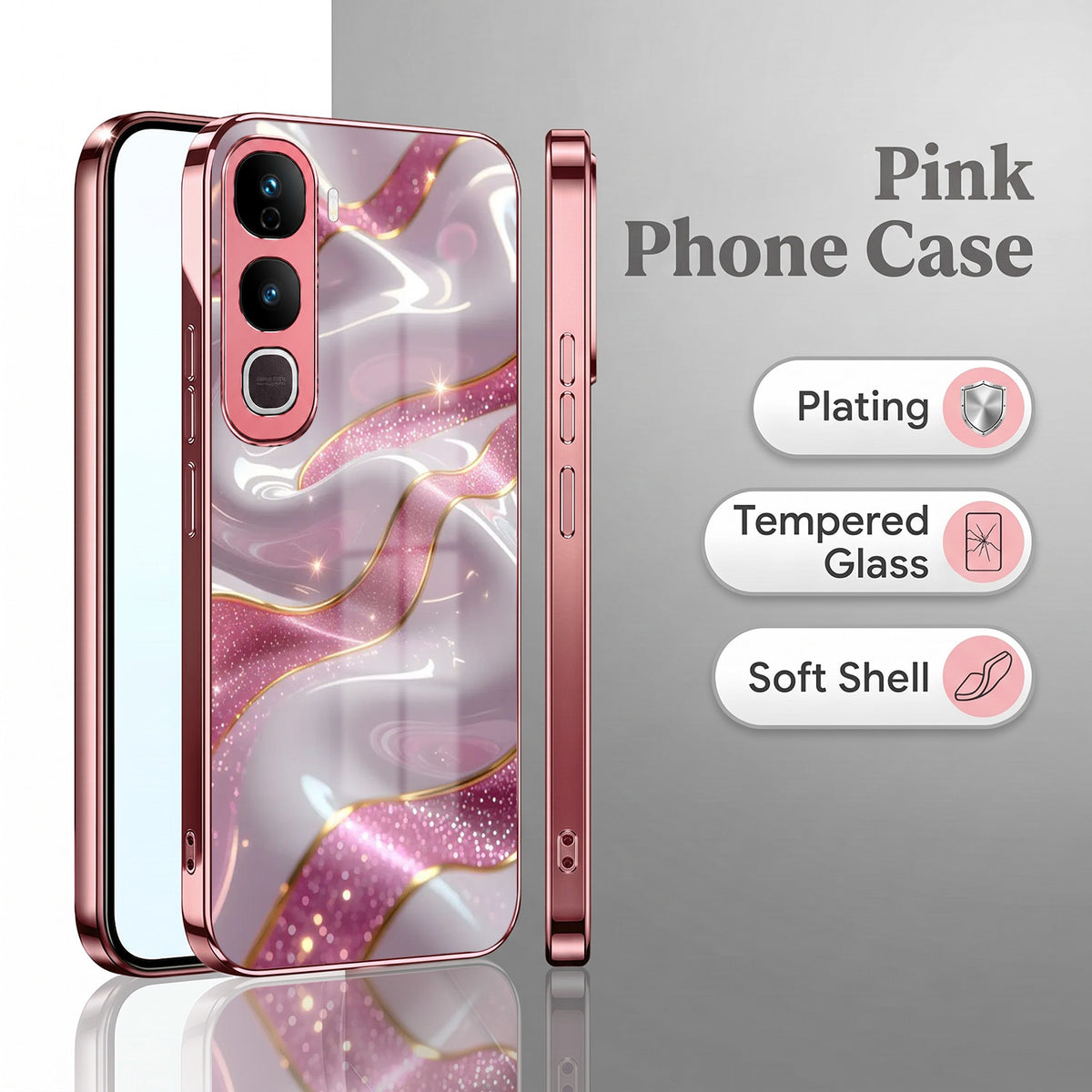 Vivo Y400 Pro 5G Pearl Marble Pink Electroplated Glass Phone Back Case