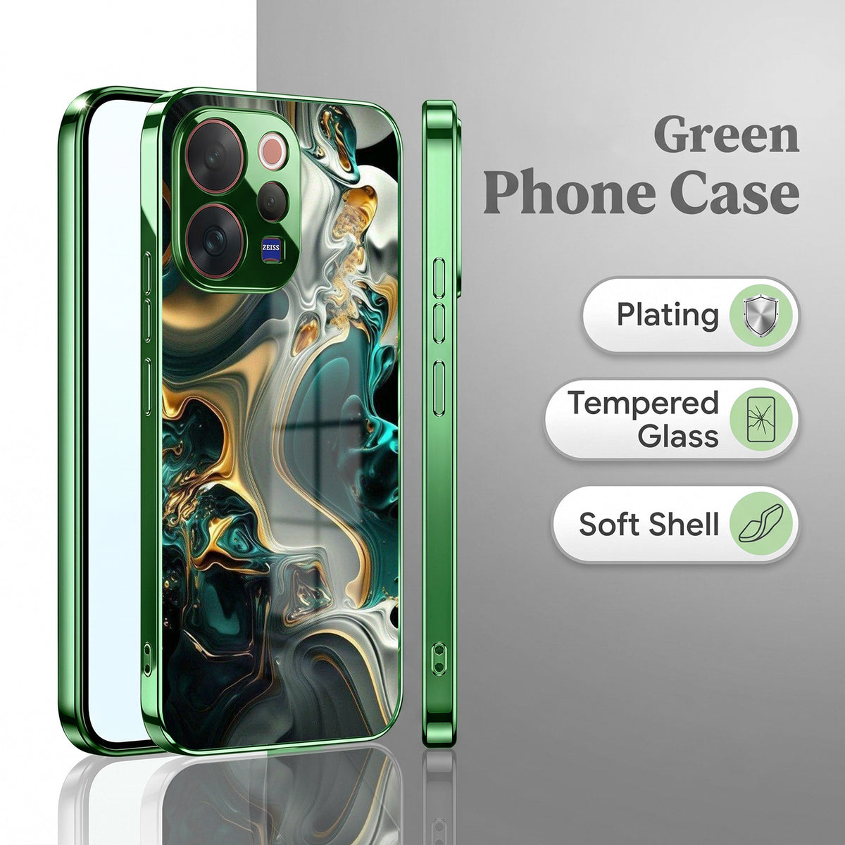 Vivo V70 Marble Green Electroplated Glass Back Case