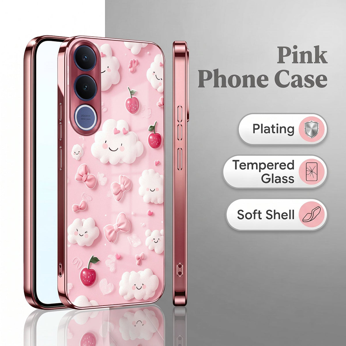 Vivo V70 FE 5G Luxury 3D Clouds Pink Electroplated Glass Phone Back Case