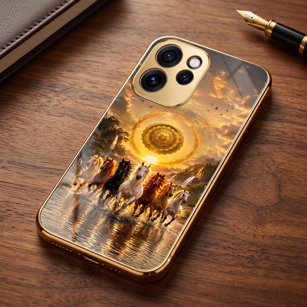 Oppo Reno 15 Pro Mini 5G Celestial Seven Horses Gold Electroplated Glass Phone Back Case
