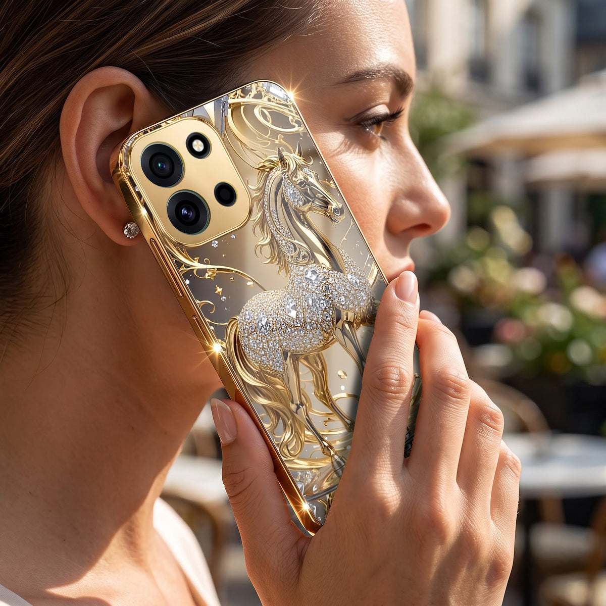 OnePlus Nord 6 5G Luxury Horse Texture Gold Electroplated Glass Phone Back Case
