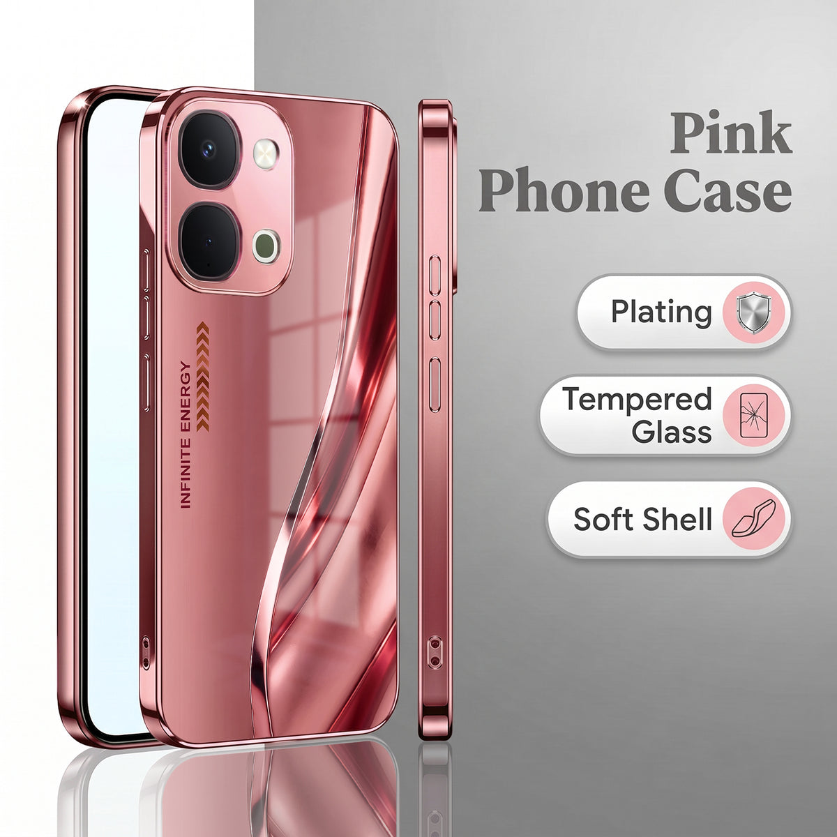 Vivo T5x 5G Luxury Infinity Energy Pink Electroplated Glass Phone Back Case