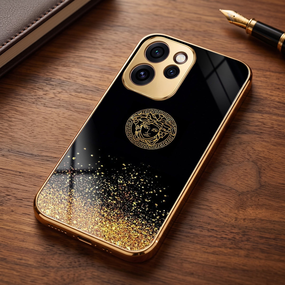 Oppo Reno 15 Pro Mini 5G Medusa Head Gold Electroplated Glass Phone Back Case