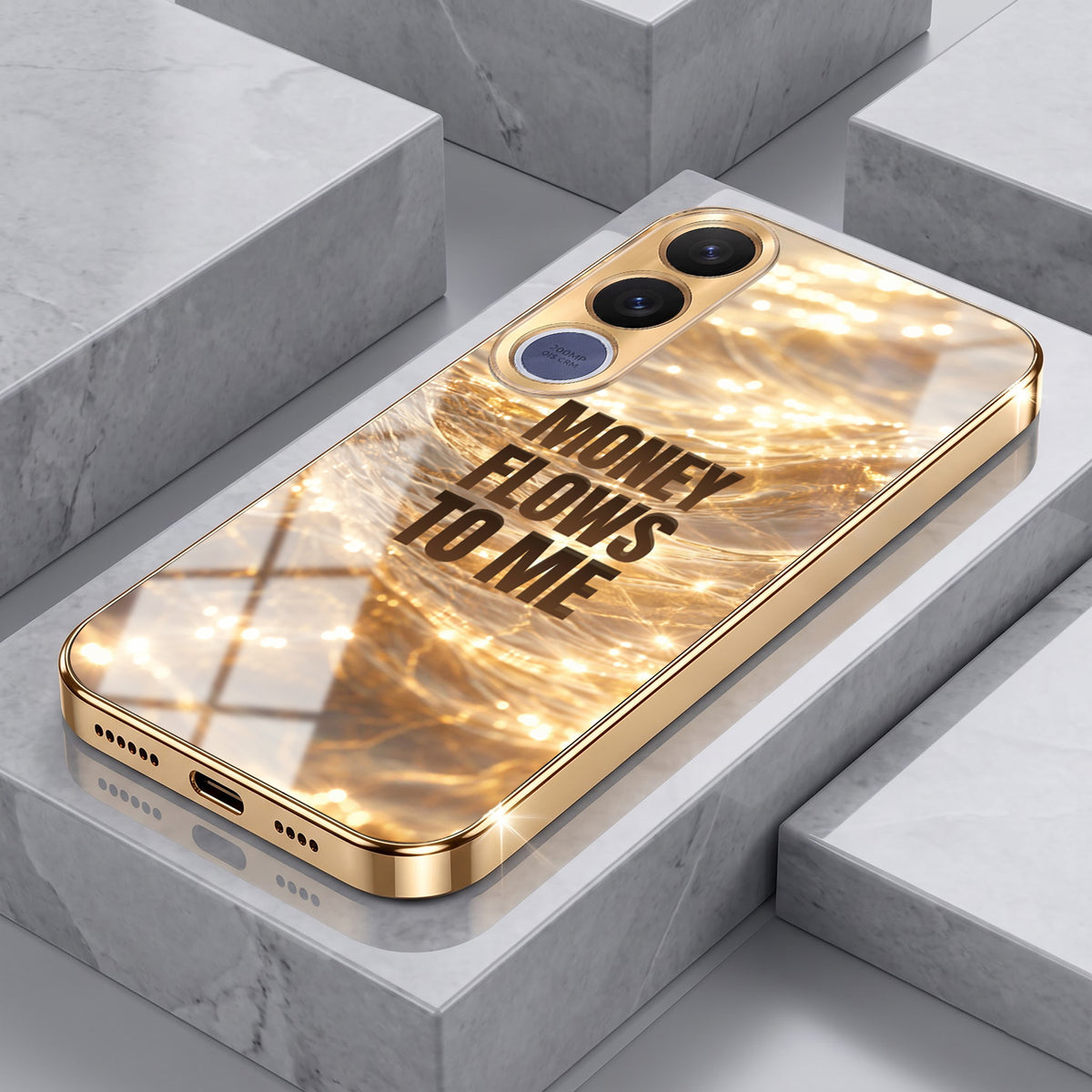 Vivo V70 FE 5G Money Flows To Me Gold Electroplated Glass Phone Back Case