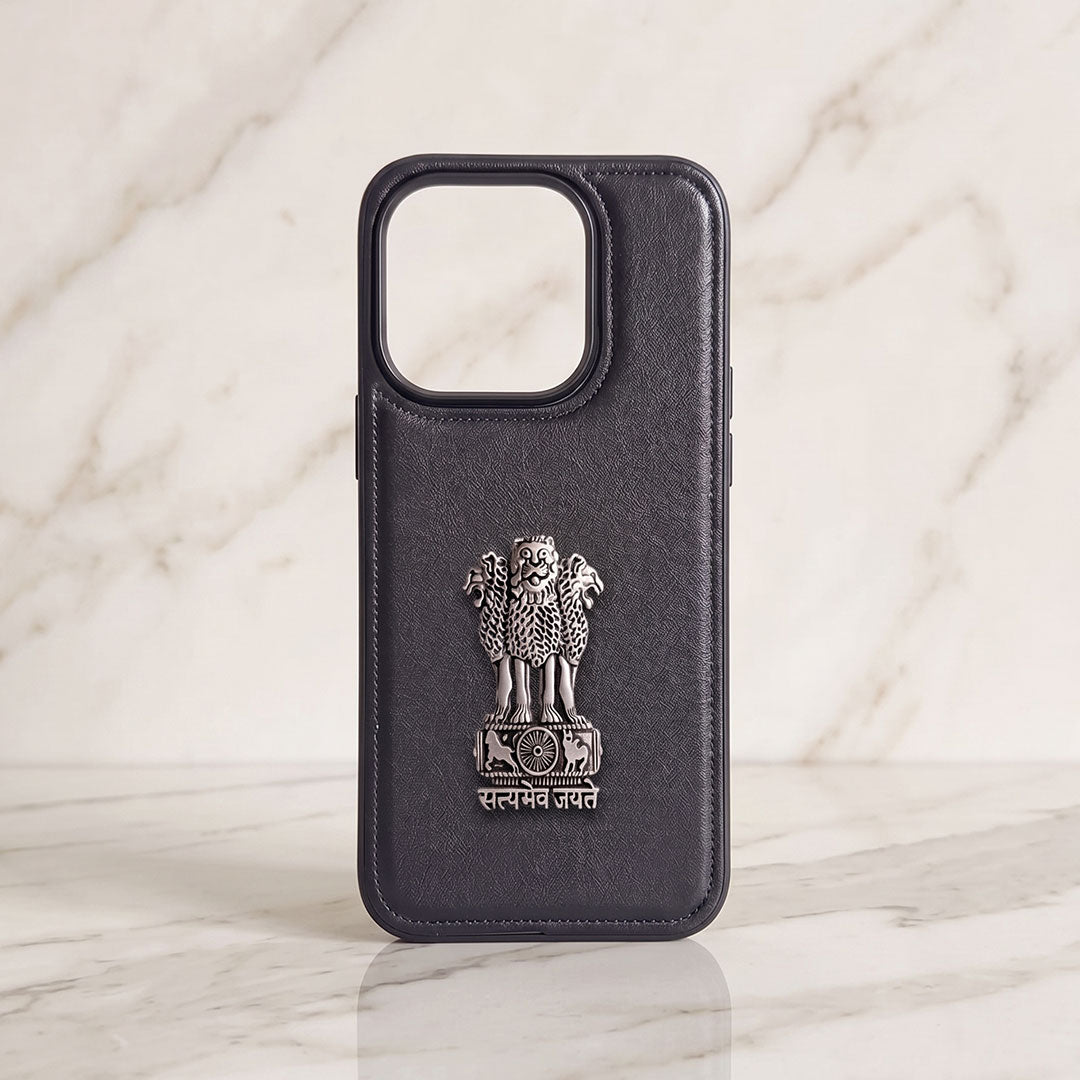 iPhone 15 Series 5G Skin Feel Leather Metal Satyamev Jayate Emblem Case