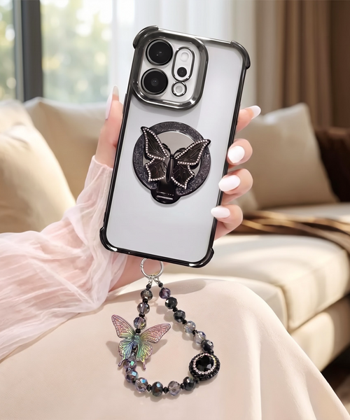Oppo Reno 14 5G Transparent Airbag Butterfly Stand Case with Charm Strap