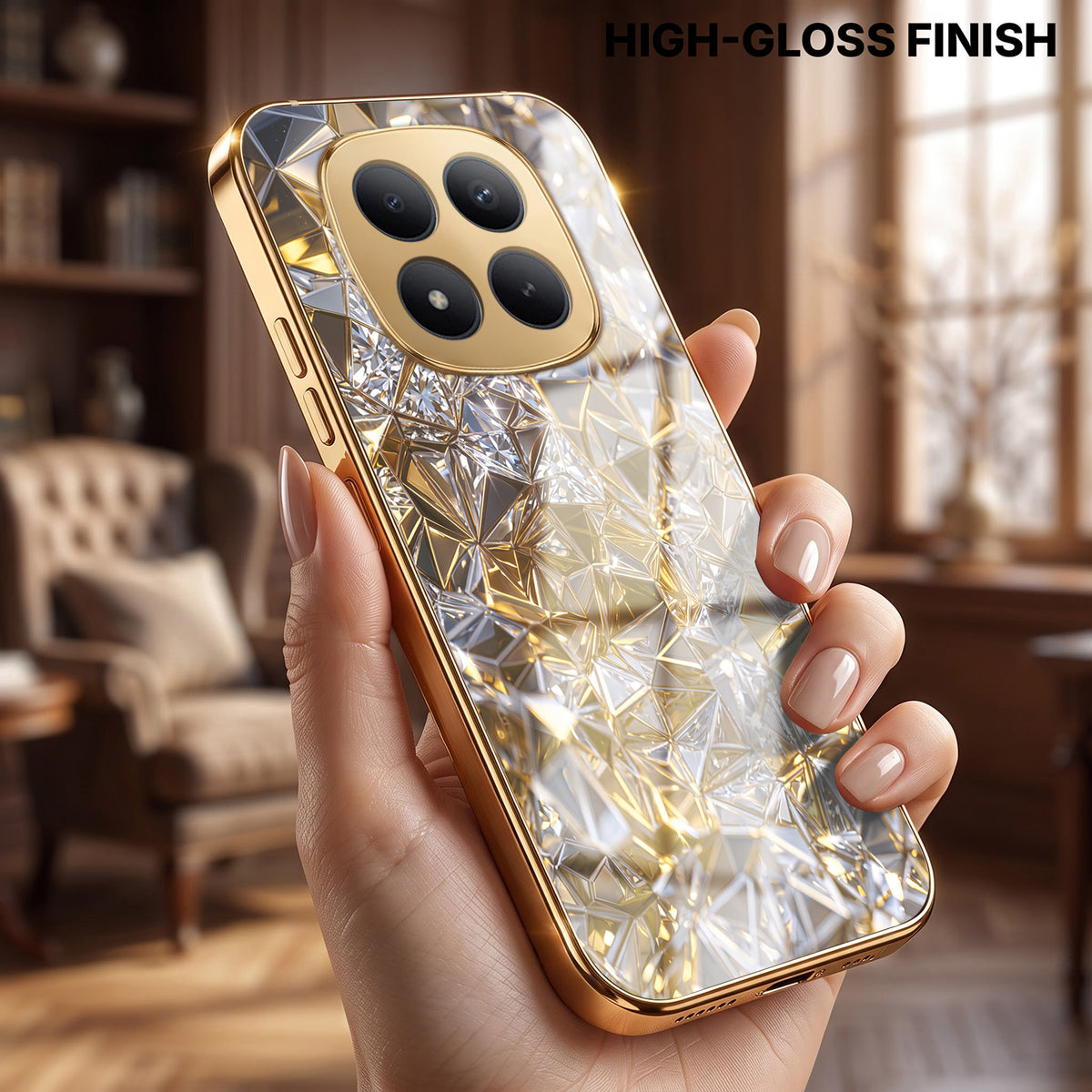 Redmi Note 15 Pro+ 5G White Diamond Shatter Gold Electroplated Glass Phone Back Case