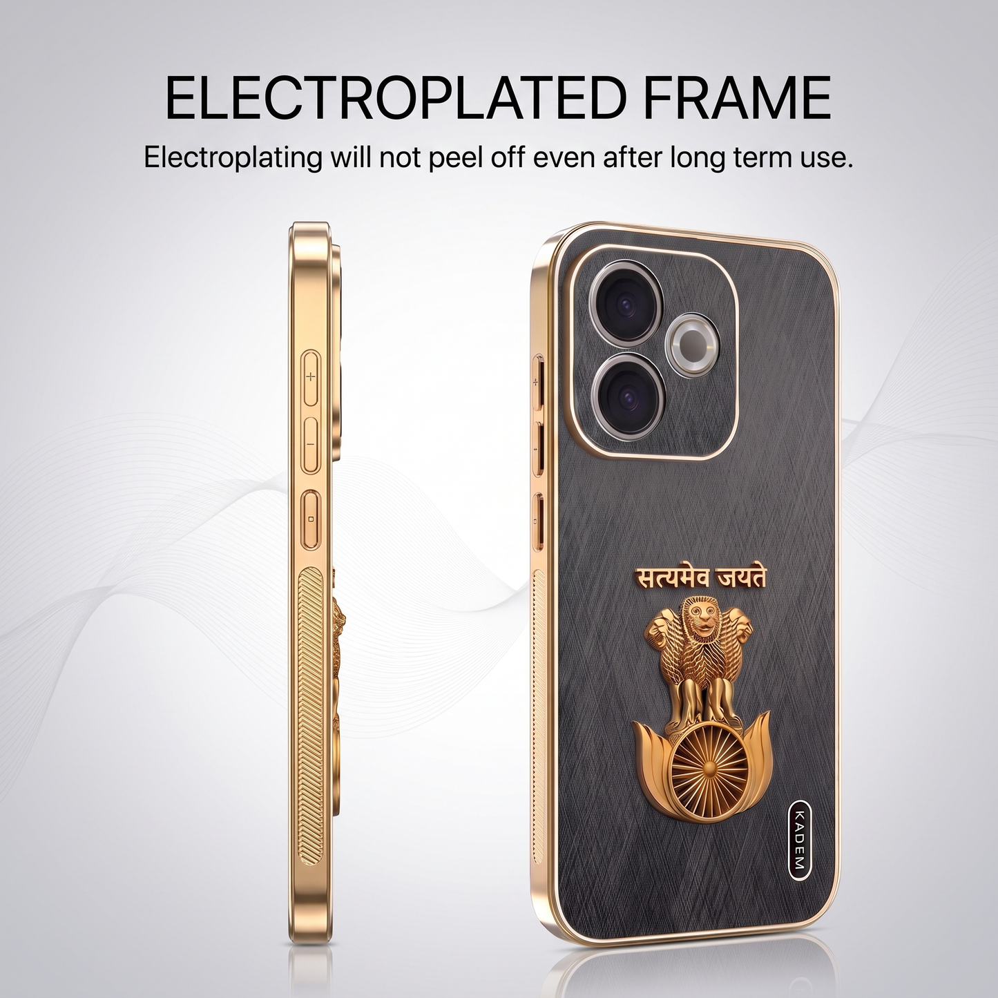 Oppo A5 Pro 5G Satyamev Jayate 3D Electroplated Frame Gold Thread Pattern Hard Back Case