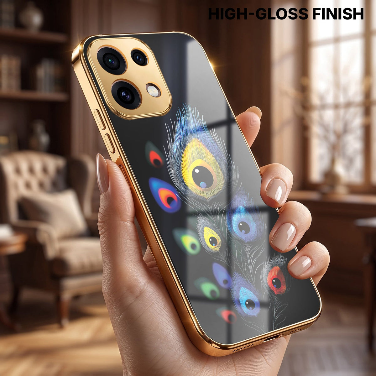 Oppo Reno 16C 5G Multi-Feather Peacock Gold Electroplated Glass Phone Back Case