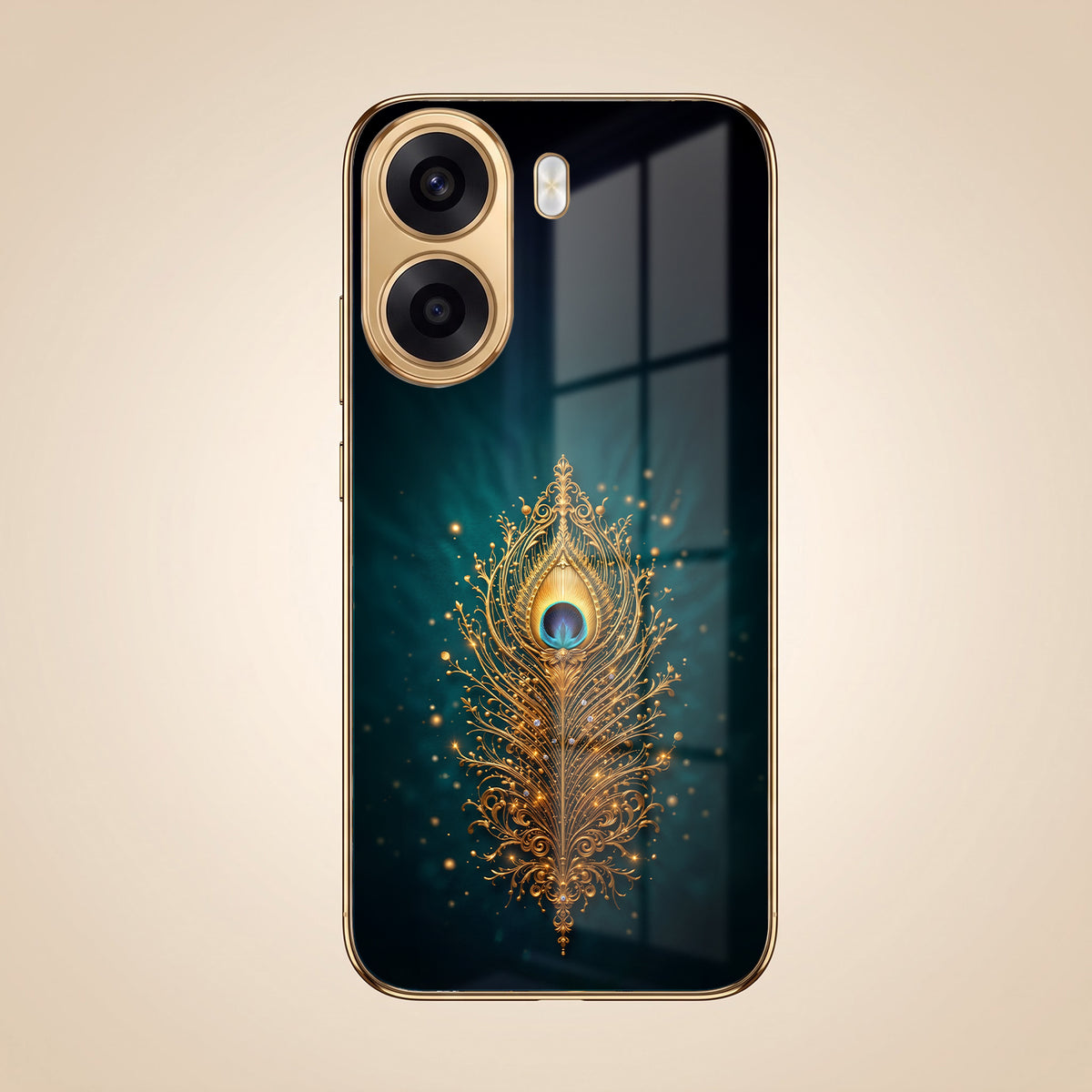Oppo K14x 5G Golden Peacock Feather Gold Electroplated Glass Phone Back Case