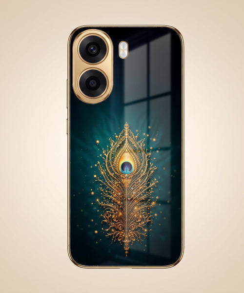 Oppo K14x 5G Golden Peacock Feather Gold Electroplated Glass Phone Back Case