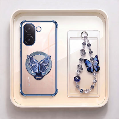 Vivo V60e 5G Transparent Airbag Butterfly Stand Case with Charm Strap