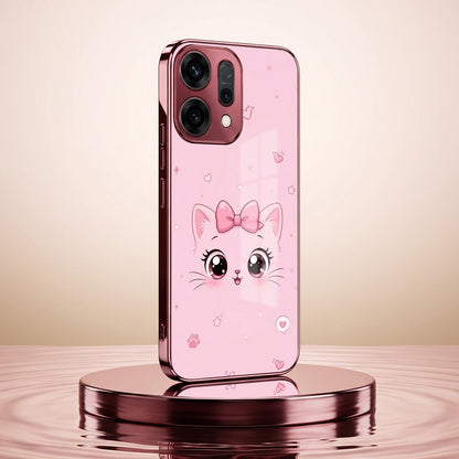 Oppo Reno 14 5G Luxury Cute Cat Pink Electroplated Glass Phone Back Case