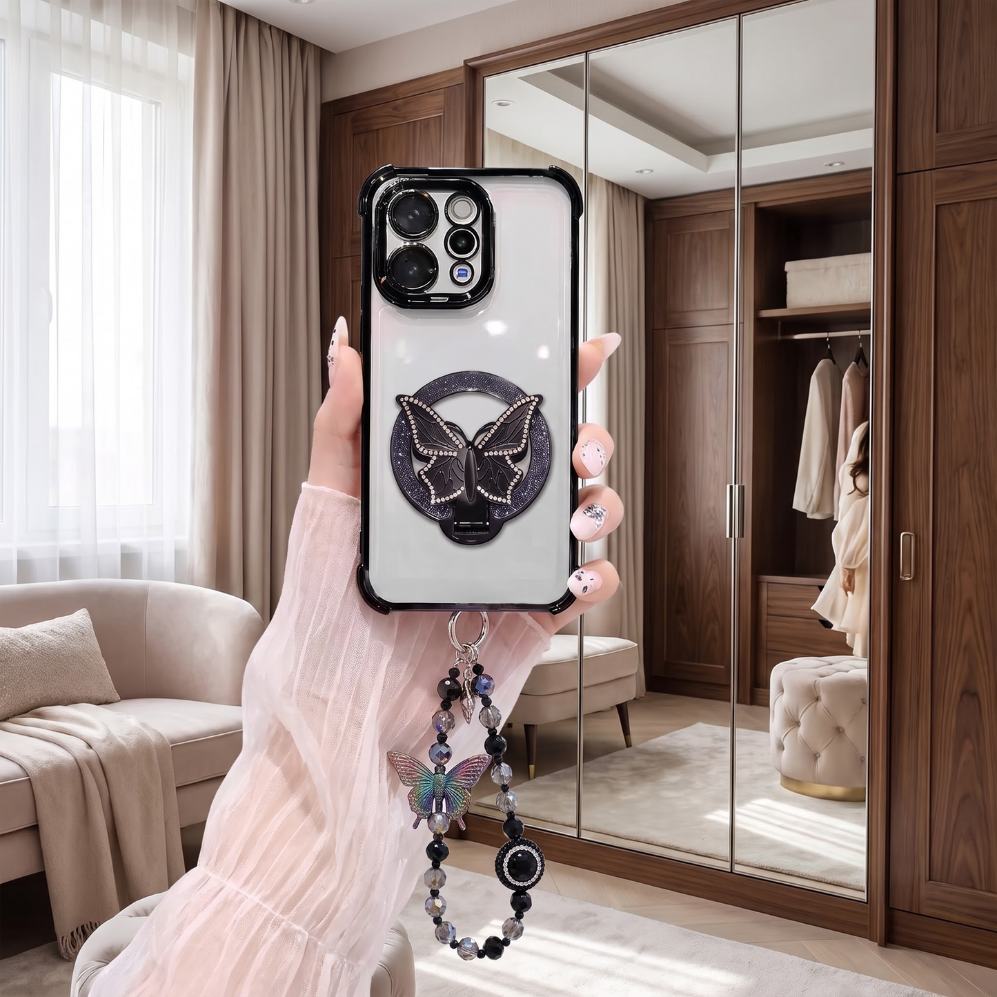 Vivo V70 5G Transparent Airbag Butterfly Stand Case with Charm Strap
