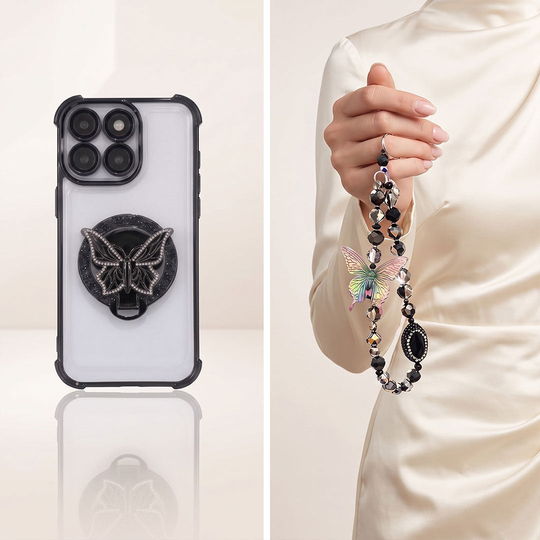 Motorola Edge 70 5G Transparent Airbag Butterfly Stand Case with Charm Strap