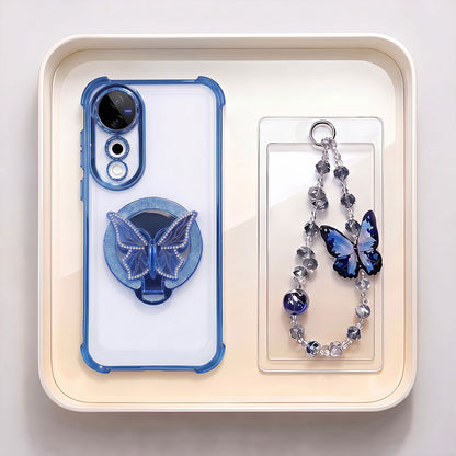 Vivo V40 Pro 5G Transparent Airbag Butterfly Stand Case with Charm Strap