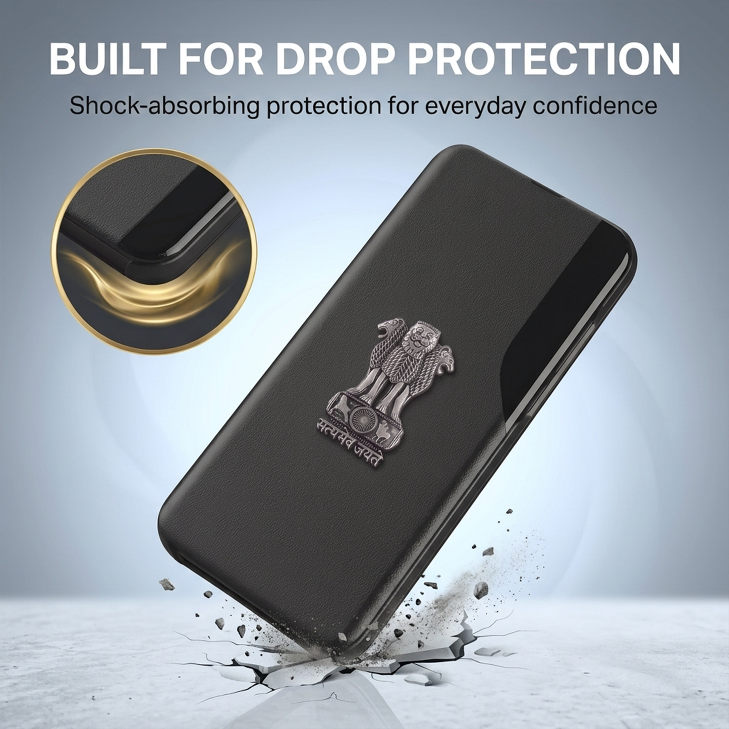 Redmi Note 13 Pro+ 5G Metal Emblem Satyamev Jayate Half Window Leather Flip Case