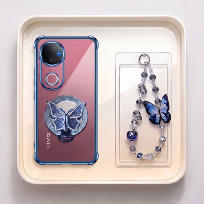 Vivo V50 5G Transparent Airbag Butterfly Stand Case with Charm Strap