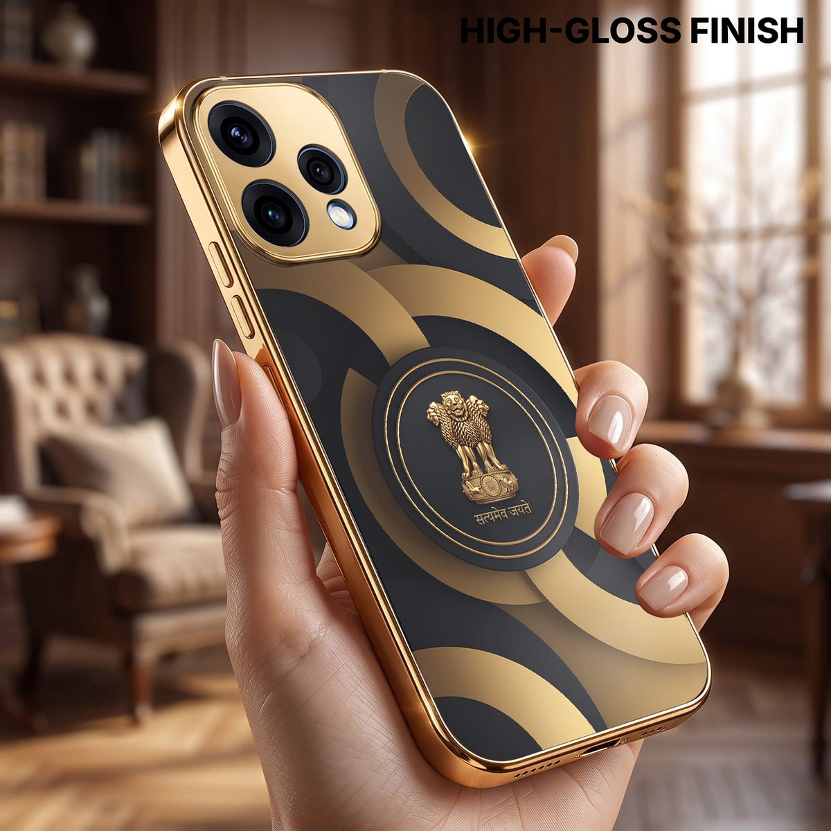 Oppo Reno 15 5G Royal Emblem Gold Electroplated Glass Phone Back Case