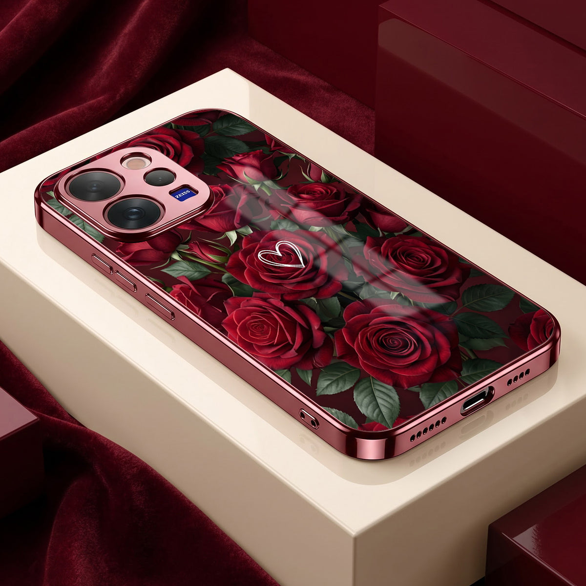 Vivo V70 5G Rose Heart Burgundy Electroplated Glass Back Case