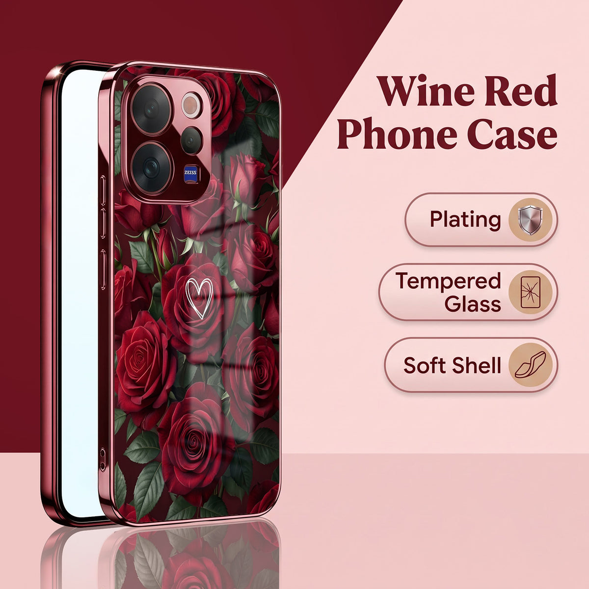 Vivo V70 5G Rose Heart Burgundy Electroplated Glass Back Case
