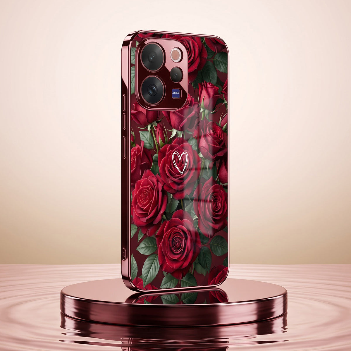 Vivo V70 5G Rose Heart Burgundy Electroplated Glass Back Case