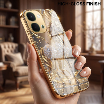 Vivo T5X 5G Luxury Horse Texture Gold Electroplated Glass Phone Back Case
