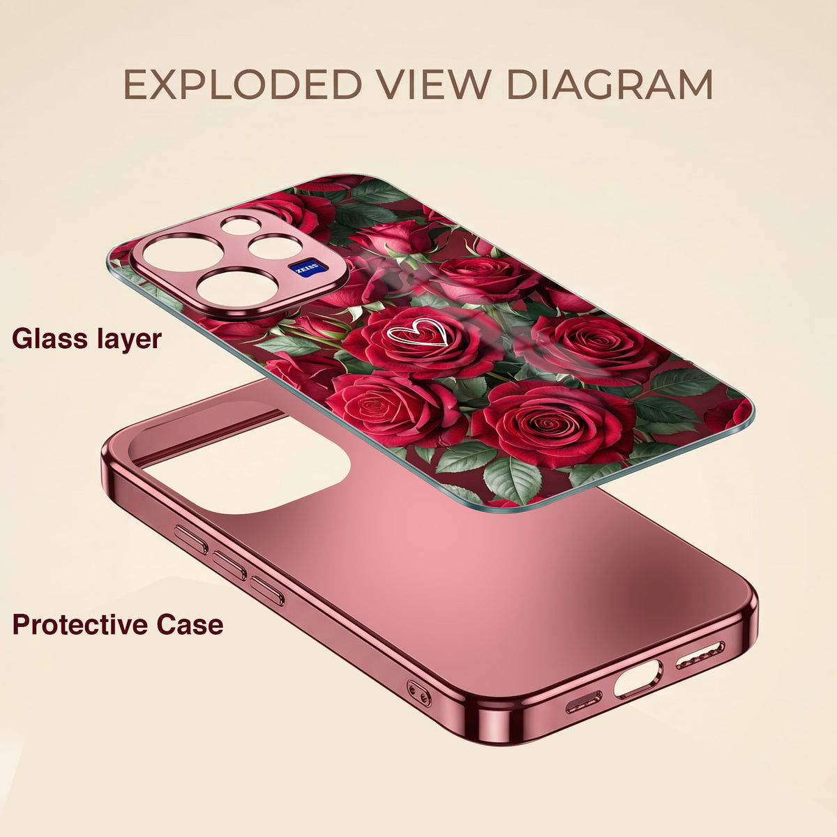Vivo V70 5G Rose Heart Burgundy Electroplated Glass Back Case